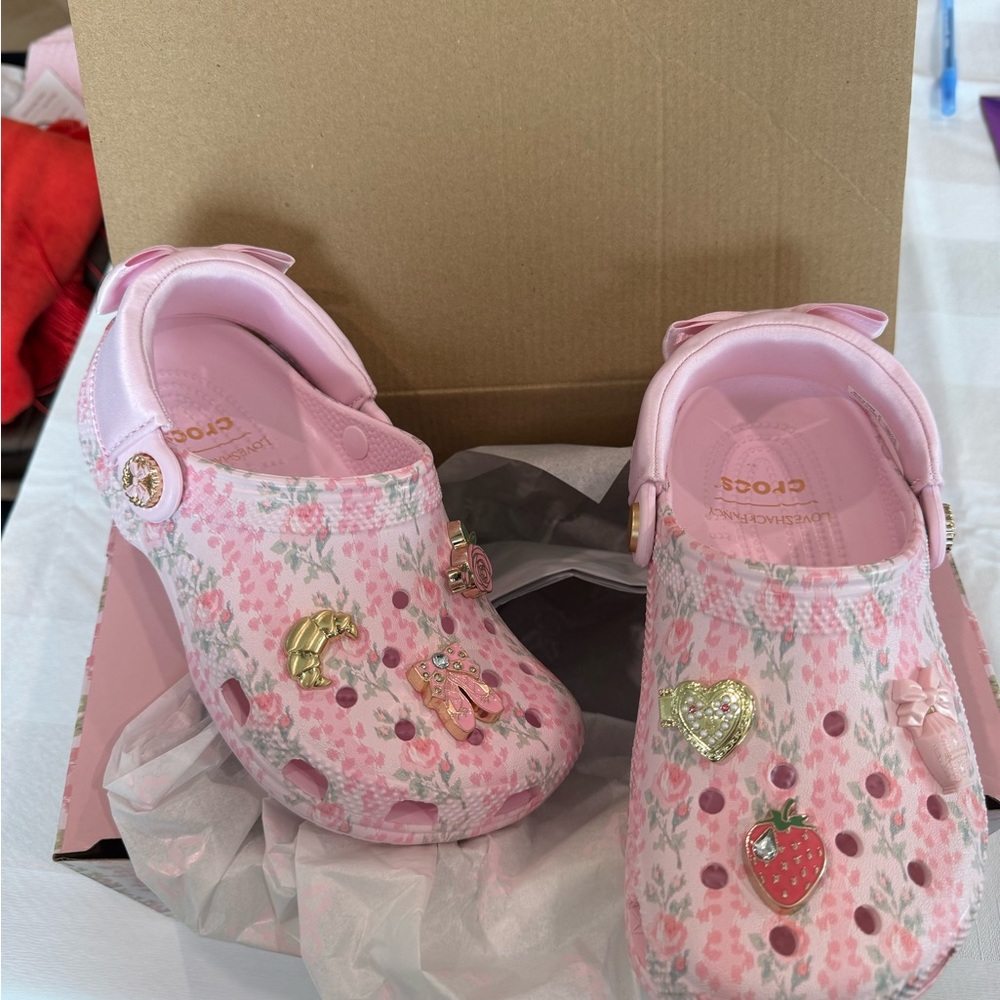 CROCS / Love Shack Fancy Kids Pink Floral Clogs with Decorative Charms